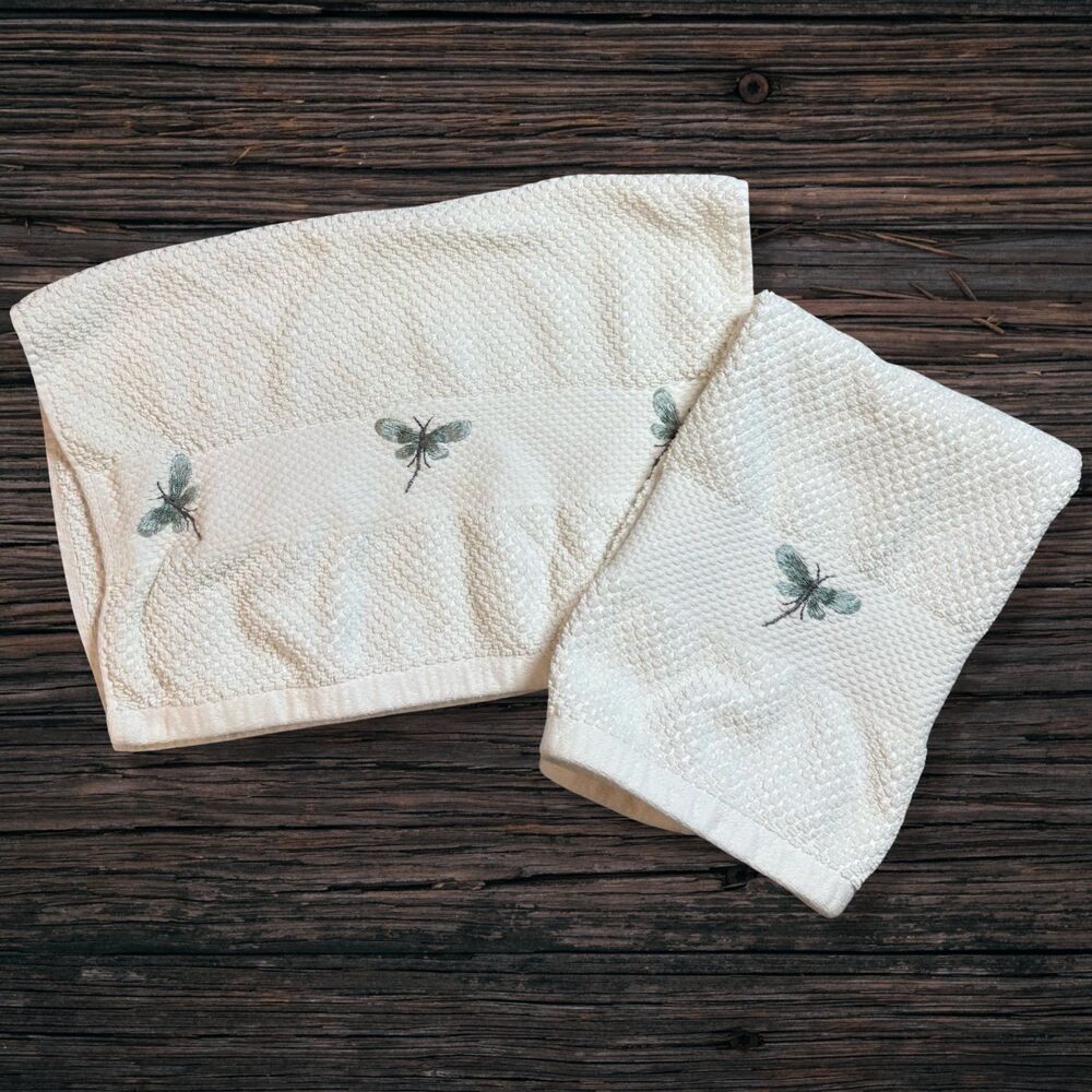 Peri White Hand Towels Set of 2 Embroidered Dragonfly Cottagecore 16x12